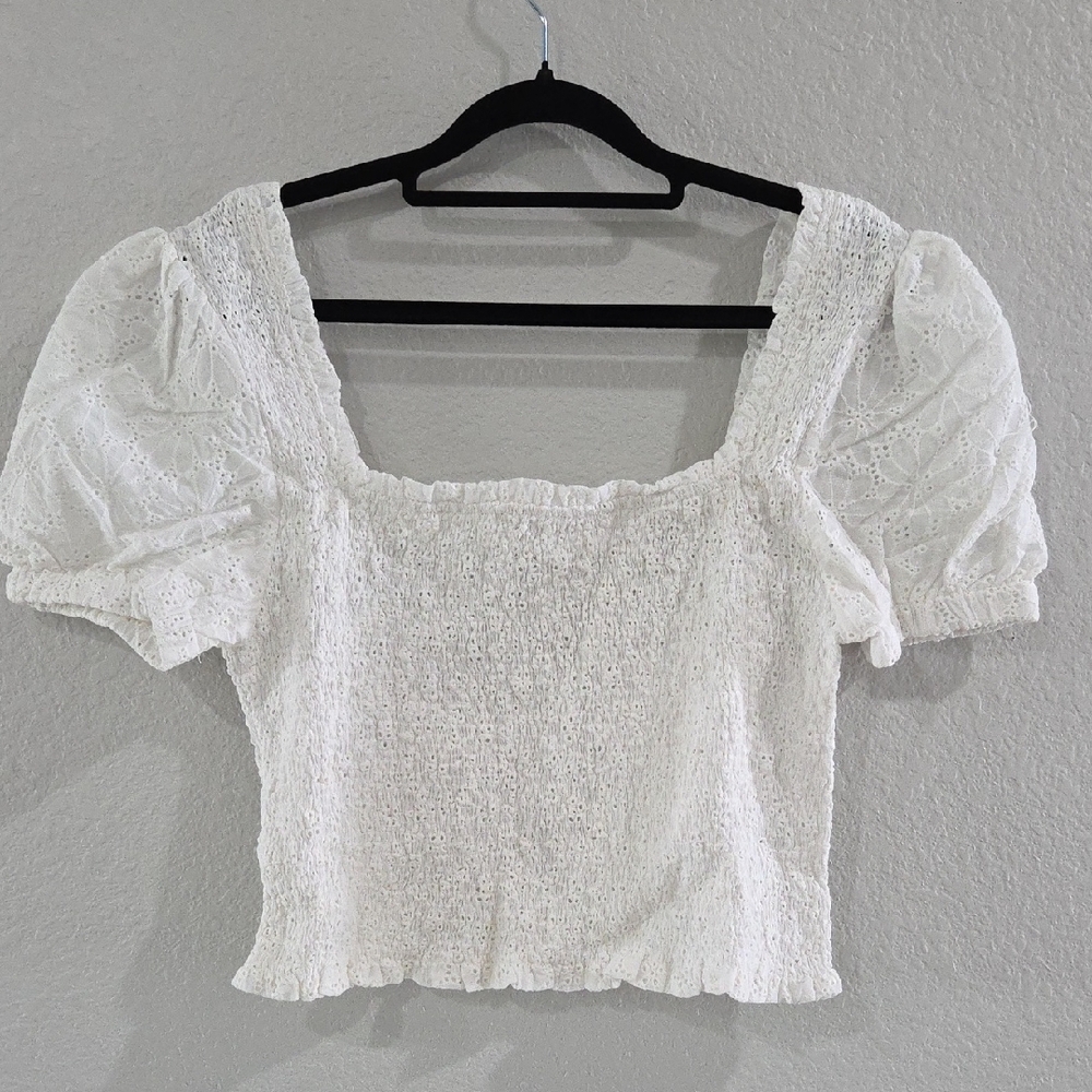ASTR the Label White Puff Sleeve Eyelet Blouse